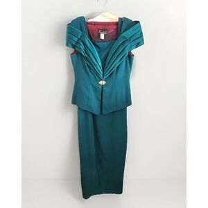 Alex Evenings Green Semi Formal Satin‎ Dress w/Jacket Size 16 90s Vintage
